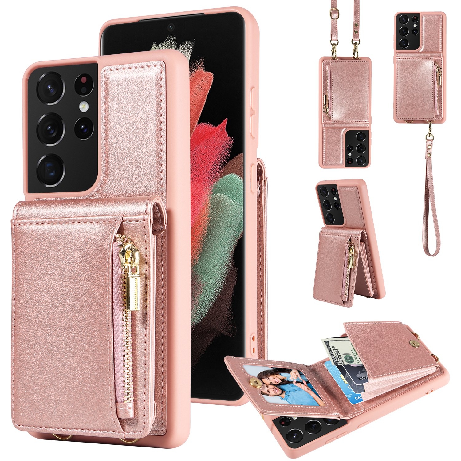 For Samsung Galaxy S21 Ultra 5G Crossbody Lanyard Zipper Wallet Leather Phone Case(Rose Gold) For Samsung Galaxy S21 Ultra 5G Crossbody Lanyard Zipper Wallet Leather Phone Case(Rose Gold)