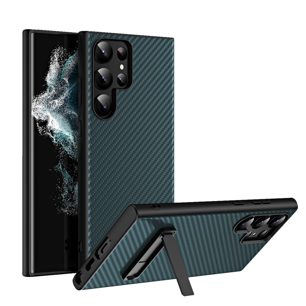 For Samsung Galaxy S23 Ultra Carbon Fiber Texture Glass Panel Protective Phone Case with Holder(Green)