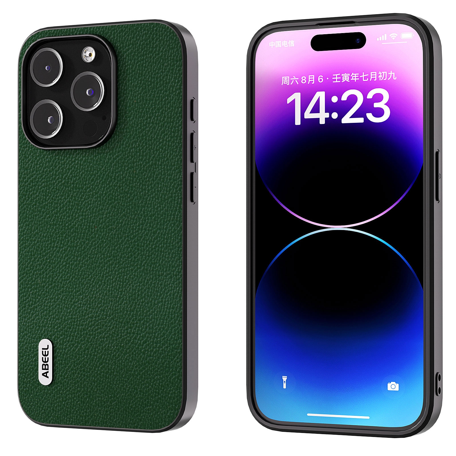 For iPhone 14 Pro ABEEL Black Edge Genuine Leather Mino Phone Case(Green) For iPhone 14 Pro ABEEL Black Edge Genuine Leather Mino Phone Case(Green)