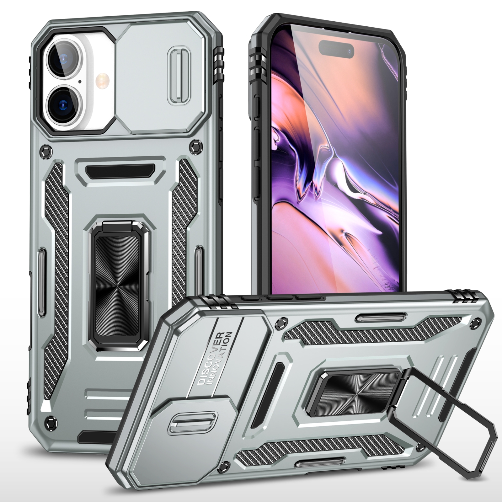 For iPhone 16 Plus Armor PC + TPU Camera Shield Phone Case(Grey) For iPhone 16 Plus Armor PC + TPU Camera Shield Phone Case(Grey)