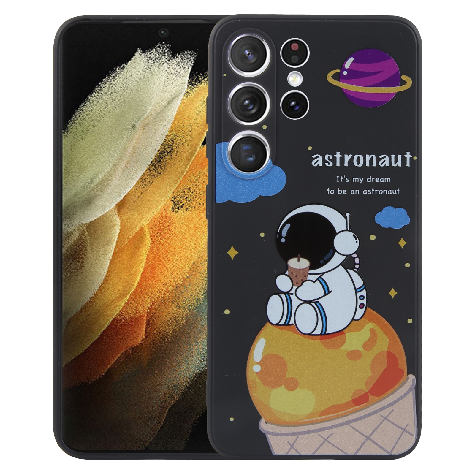 For Samsung Galaxy S21 Ultra 5G Milk Tea Astronaut Pattern Liquid Silicone Phone Case(Black) For Samsung Galaxy S21 Ultra 5G Milk Tea Astronaut Pattern Liquid Silicone Phone Case(Black)