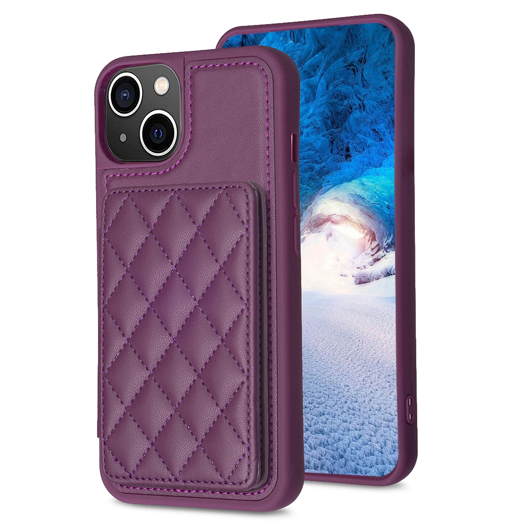 For iPhone 14 / 13 BF25 Square Plaid Card Bag Holder Phone Case(Dark Purple) For iPhone 14 / 13 BF25 Square Plaid Card Bag Holder Phone Case(Dark Purple)