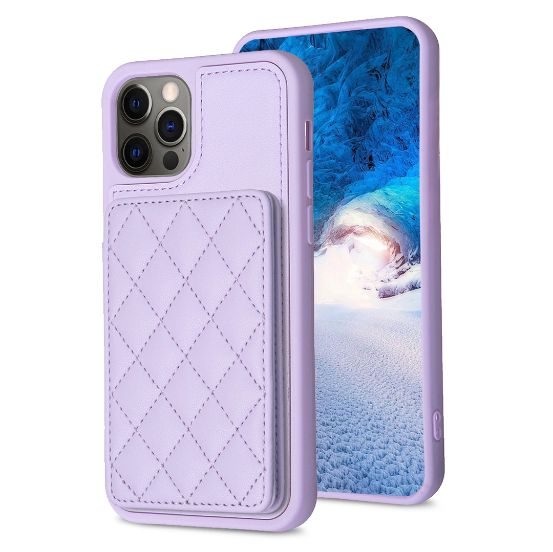 For iPhone 12 / 12 Pro BF25 Square Plaid Card Bag Holder Phone Case(Purple) For iPhone 12 / 12 Pro BF25 Square Plaid Card Bag Holder Phone Case(Purple)