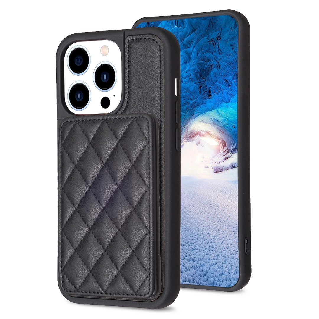 For iPhone 15 Pro BF25 Square Plaid Card Bag Holder Phone Case(Black) For iPhone 15 Pro BF25 Square Plaid Card Bag Holder Phone Case(Black)