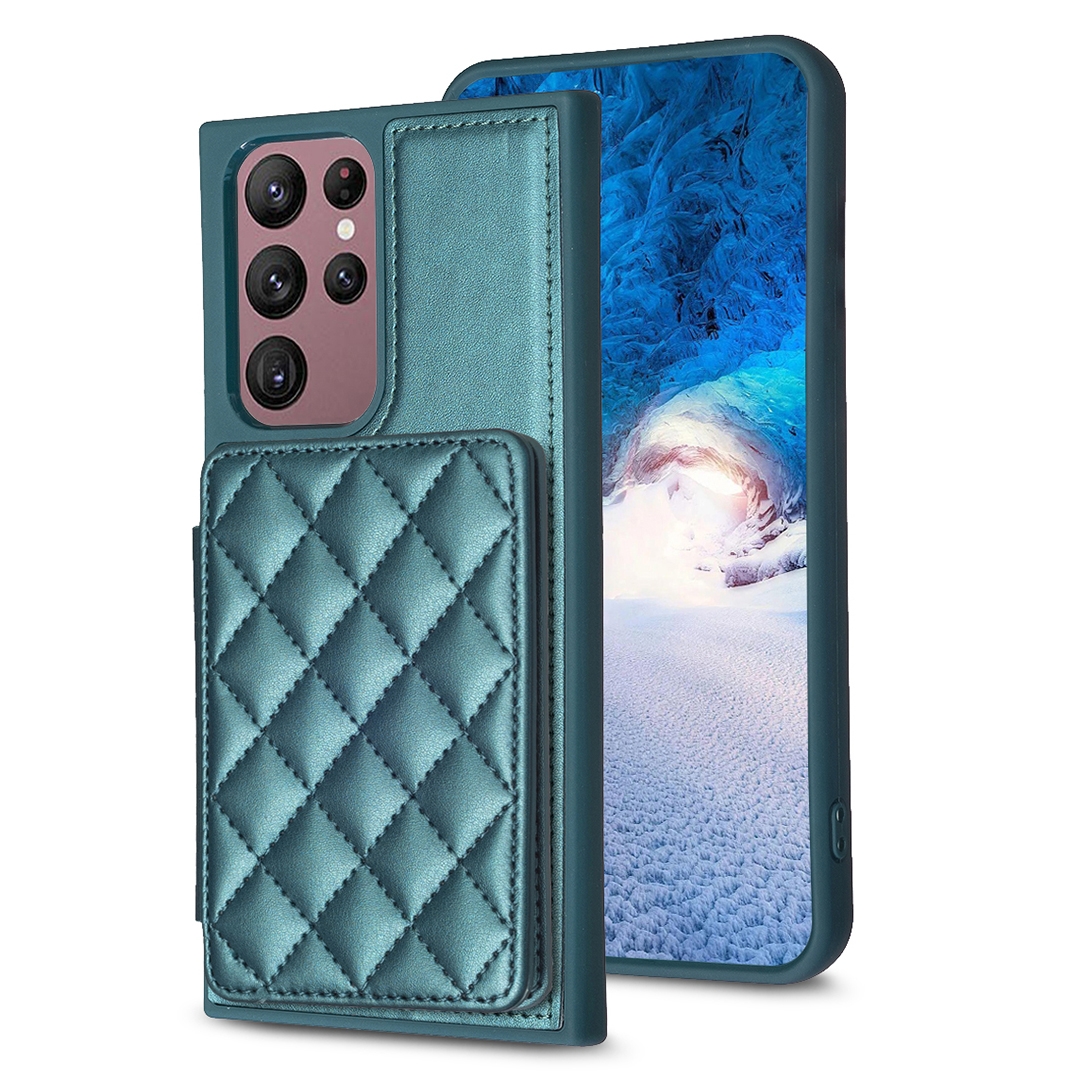 For Samsung Galaxy S22 Ultra 5G BF25 Square Plaid Card Bag Holder Phone Case(Green)