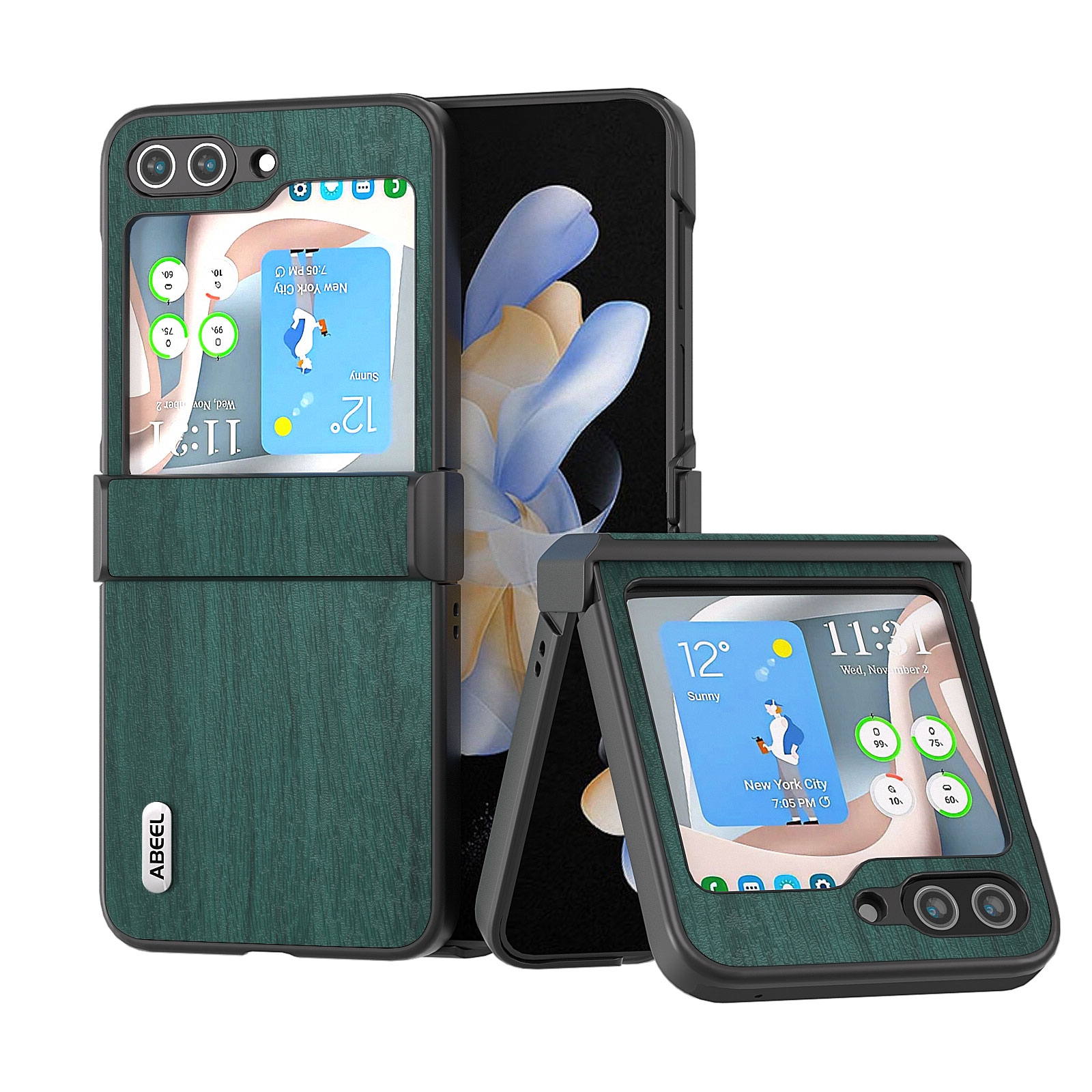 For Samsung Galaxy Z Flip5 ABEEL Wood Texture PU Phone Case(Green) For Samsung Galaxy Z Flip5 ABEEL Wood Texture PU Phone Case(Green)