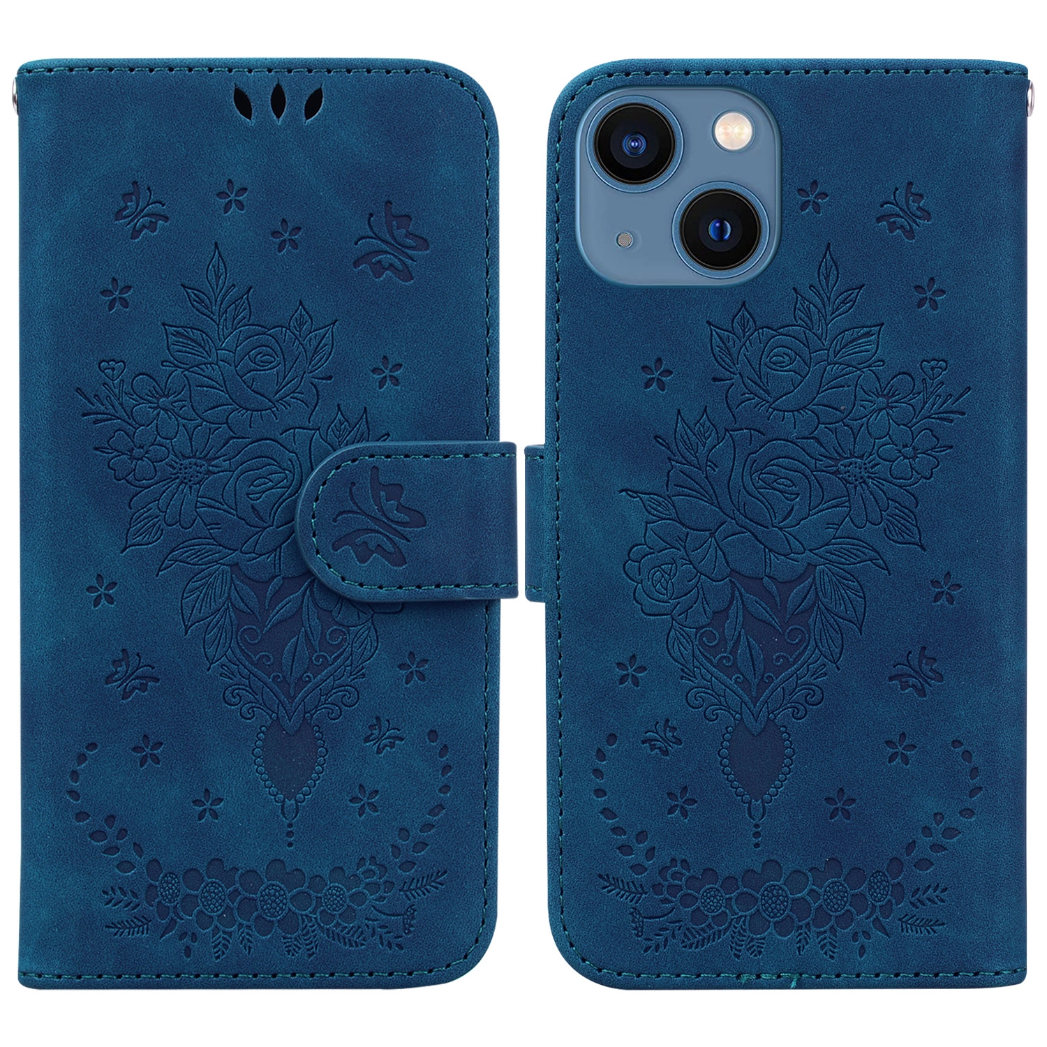 For iPhone 15 Plus Butterfly Rose Embossed Leather Phone Case(Blue) For iPhone 15 Plus Butterfly Rose Embossed Leather Phone Case(Blue)