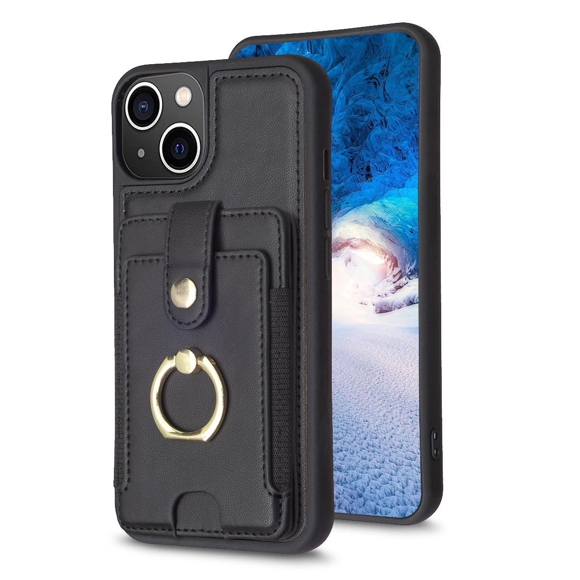 For iPhone 14 / 13 BF27 Metal Ring Card Bag Holder Phone Case(Black) For iPhone 14 / 13 BF27 Metal Ring Card Bag Holder Phone Case(Black)