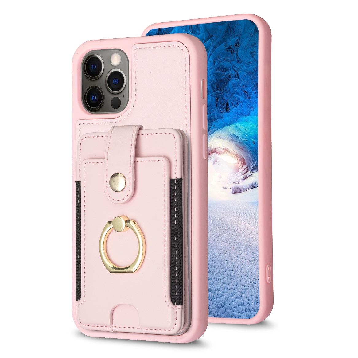 For iPhone 12 / 12 Pro BF27 Metal Ring Card Bag Holder Phone Case(Pink) For iPhone 12 / 12 Pro BF27 Metal Ring Card Bag Holder Phone Case(Pink)