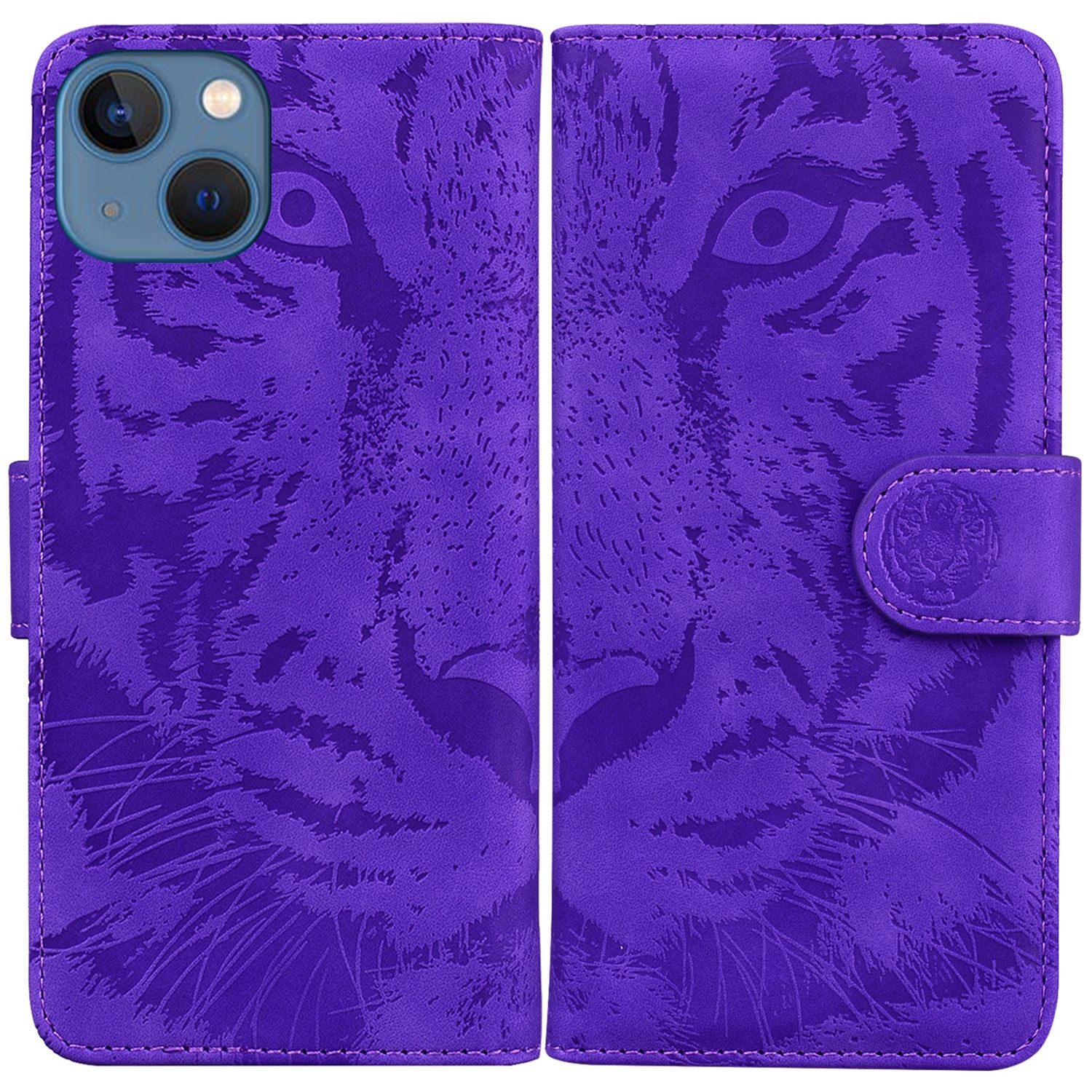 For iPhone 14 Tiger Embossing Pattern Leather Phone Case(Purple) For iPhone 14 Tiger Embossing Pattern Leather Phone Case(Purple)