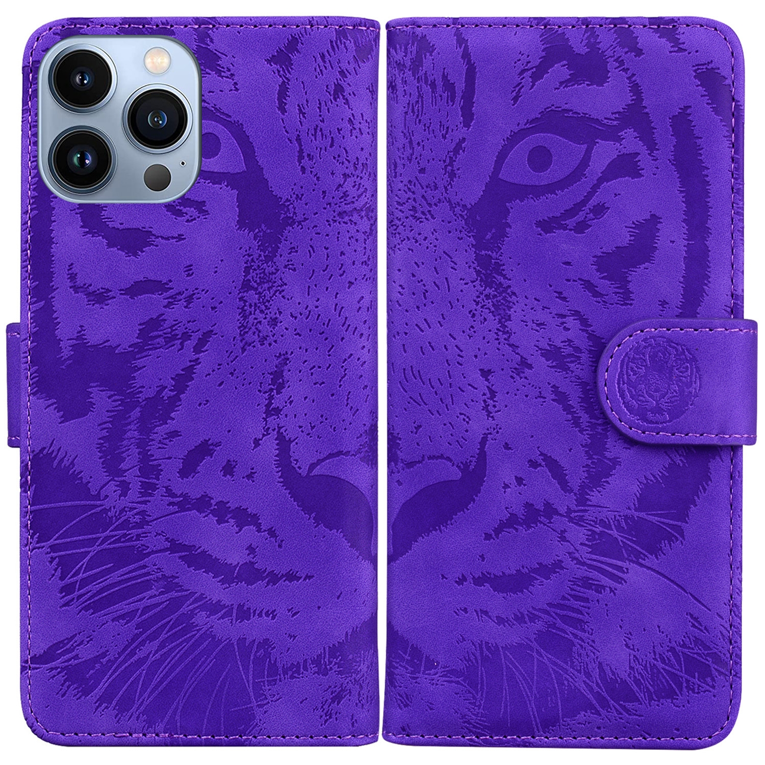 For iPhone 14 Pro Tiger Embossing Pattern Leather Phone Case(Purple) For iPhone 14 Pro Tiger Embossing Pattern Leather Phone Case(Purple)