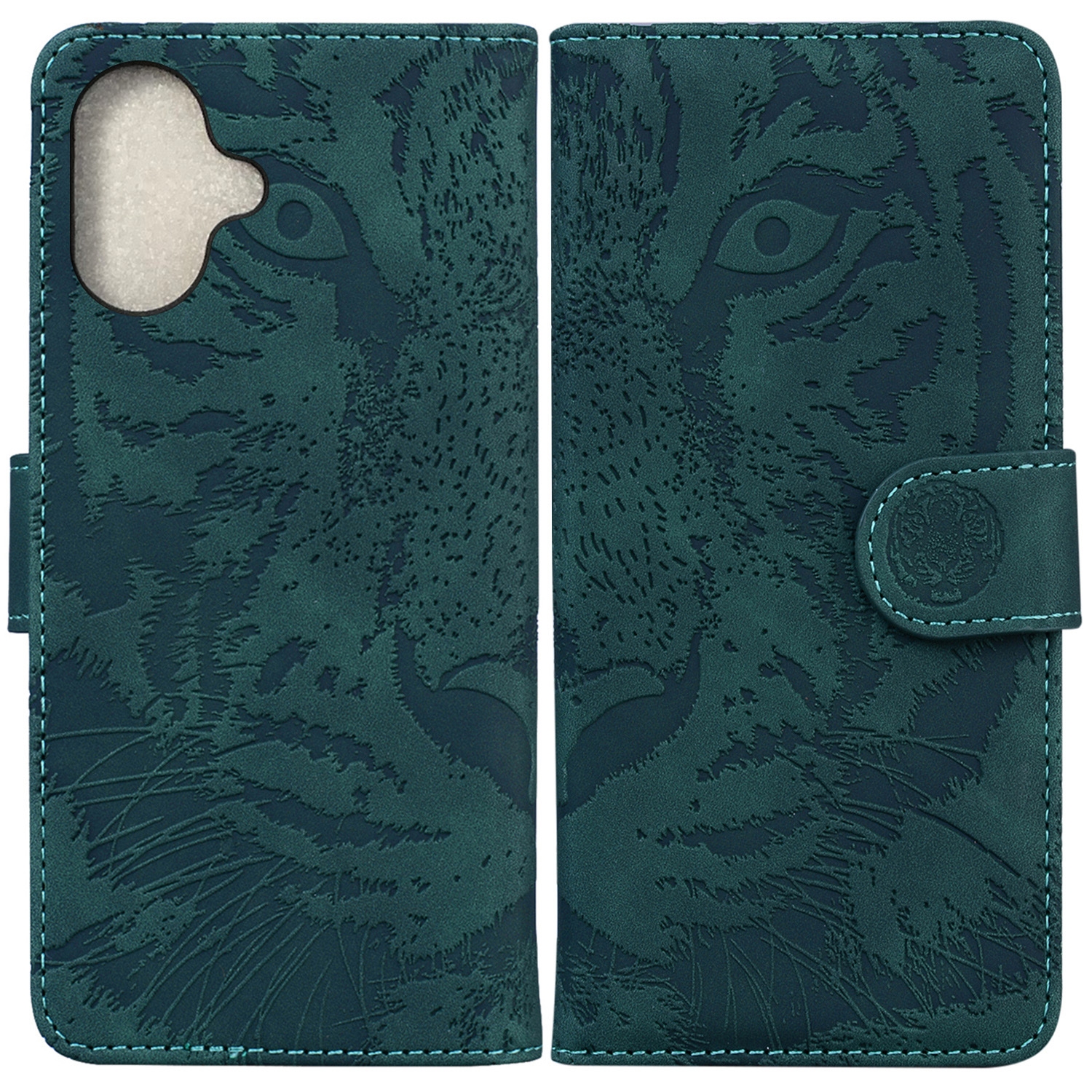 For iPhone 16 Plus Tiger Embossing Pattern Leather Phone Case(Green) For iPhone 16 Plus Tiger Embossing Pattern Leather Phone Case(Green)