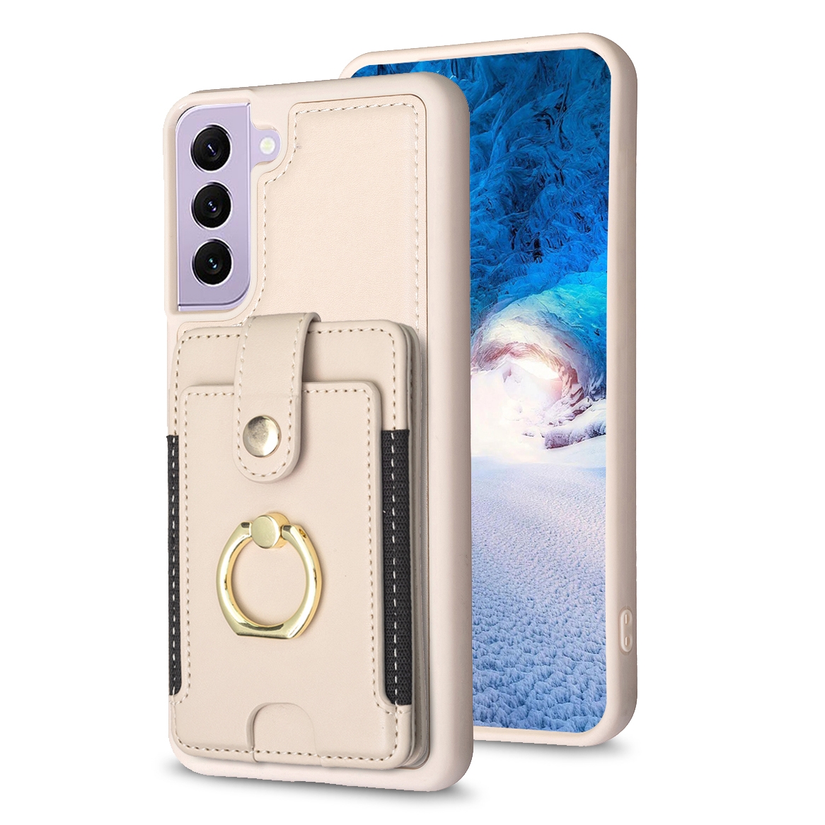 For Samsung Galaxy S22 5G BF27 Metal Ring Card Bag Holder Phone Case(Beige) For Samsung Galaxy S22 5G BF27 Metal Ring Card Bag Holder Phone Case(Beige)