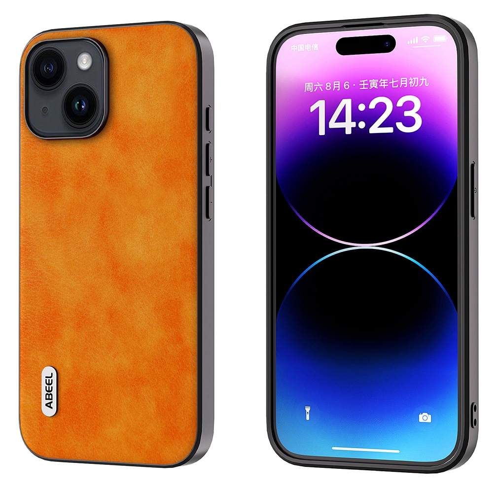 For iPhone 15 Plus ABEEL Dual Color Lichi Texture PU Phone Case(Orange) For iPhone 15 Plus ABEEL Dual Color Lichi Texture PU Phone Case(Orange)