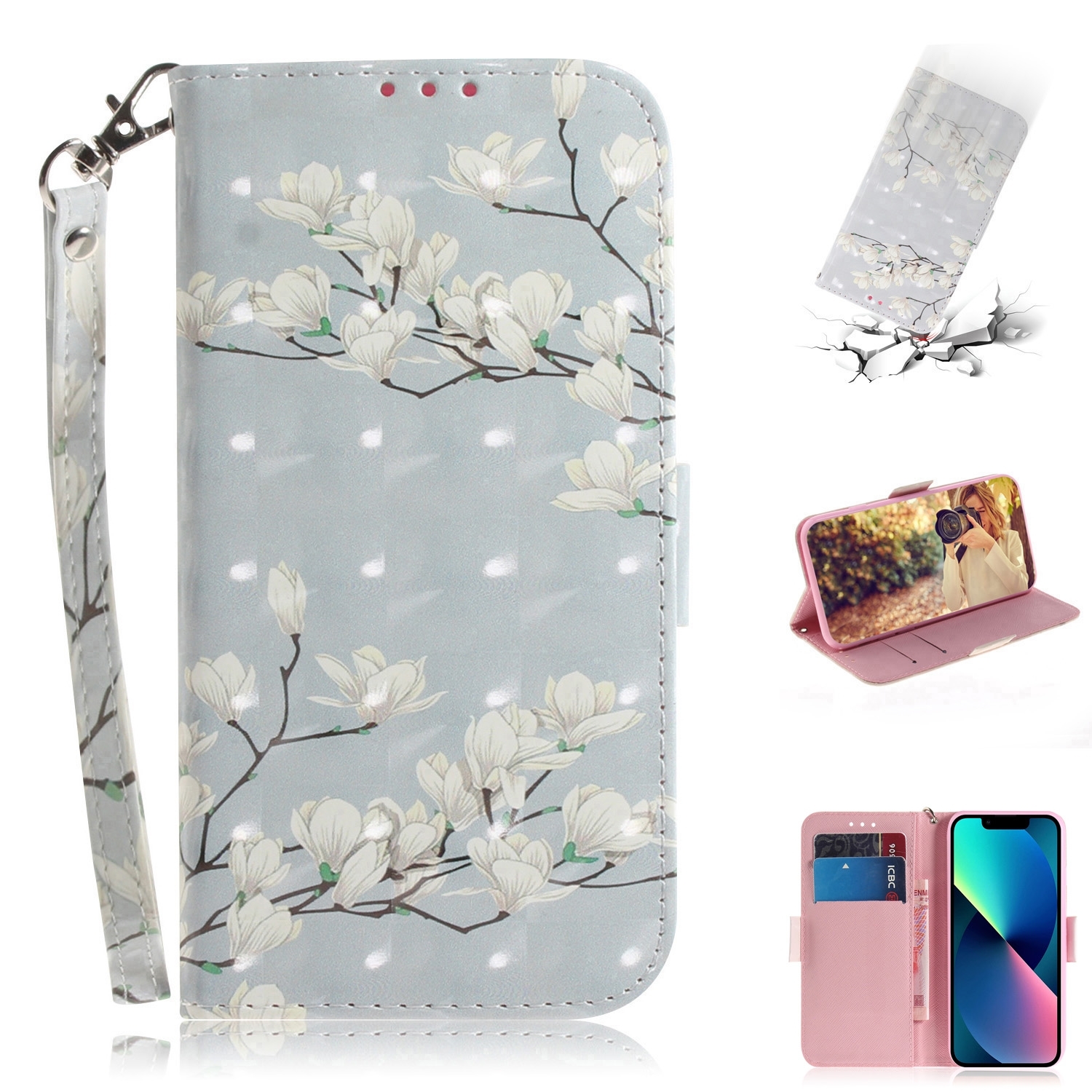 For iPhone 15 3D Colored Horizontal Flip Leather Phone Case(Magnolia) For iPhone 15 3D Colored Horizontal Flip Leather Phone Case(Magnolia)