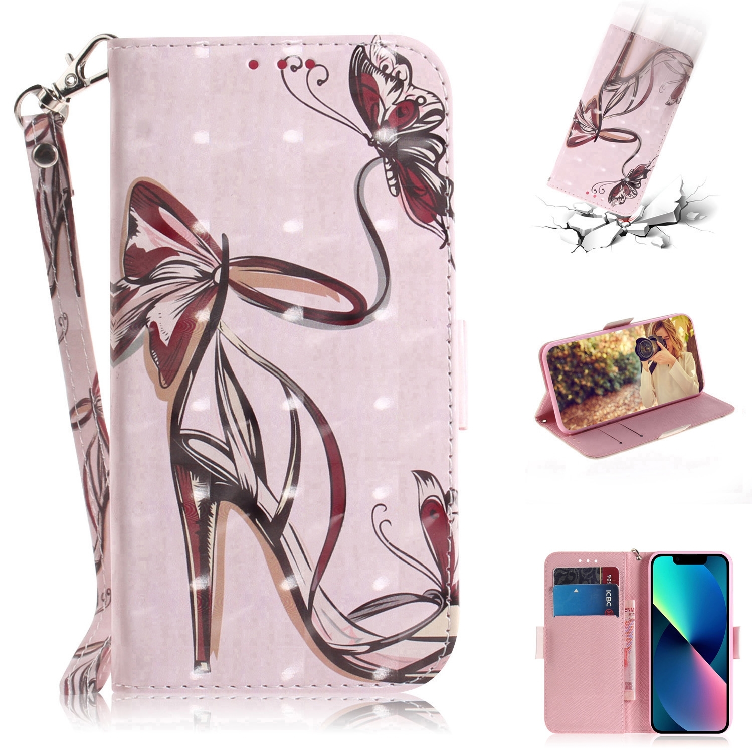 For iPhone 15 Plus 3D Colored Horizontal Flip Leather Phone Case(Butterfly High-heeled) For iPhone 15 Plus 3D Colored Horizontal Flip Leather Phone Case(Butterfly High-heeled)