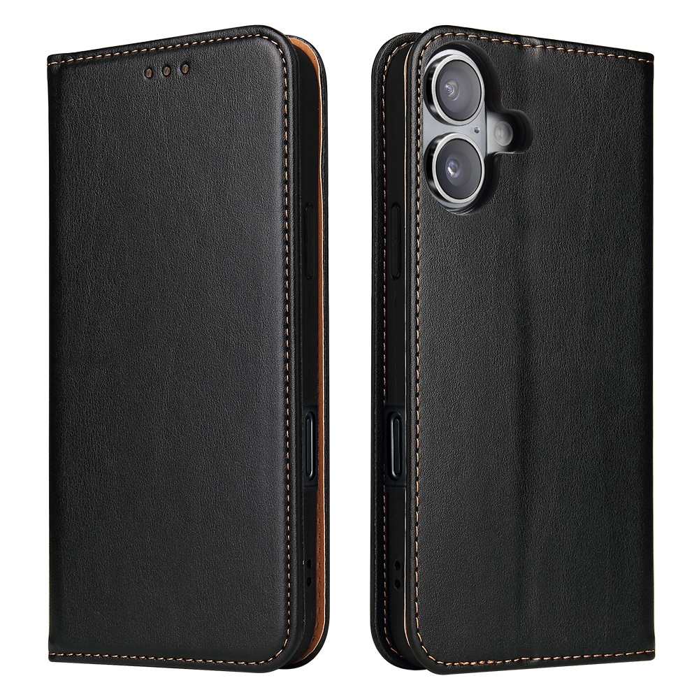 For iPhone 16 Plus Fierre Shann PU Genuine Leather Texture Phone Case(Black) For iPhone 16 Plus Fierre Shann PU Genuine Leather Texture Phone Case(Black)