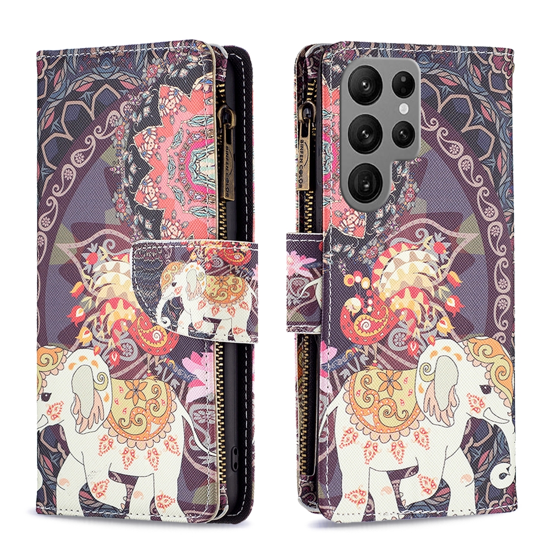 For Samsung Galaxy S24 Ultra 5G Colored Drawing Pattern Zipper Leather Phone Case(Flower Elephant) For Samsung Galaxy S24 Ultra 5G Colored Drawing Pattern Zipper Leather Phone Case(Flower Elephant)