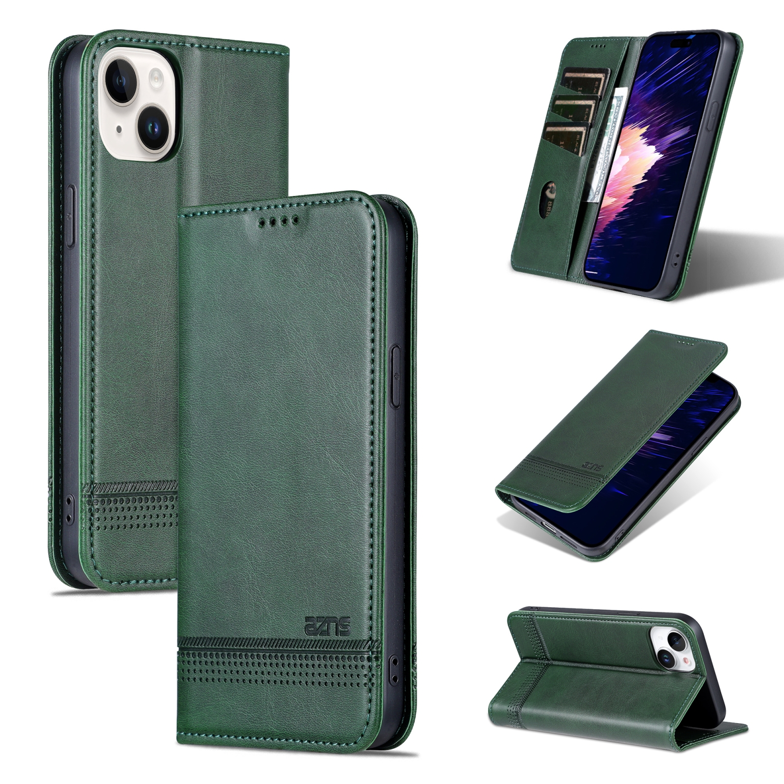 For iPhone 15 AZNS Magnetic Calf Texture Leather Phone Case(Dark Green) For iPhone 15 AZNS Magnetic Calf Texture Leather Phone Case(Dark Green)