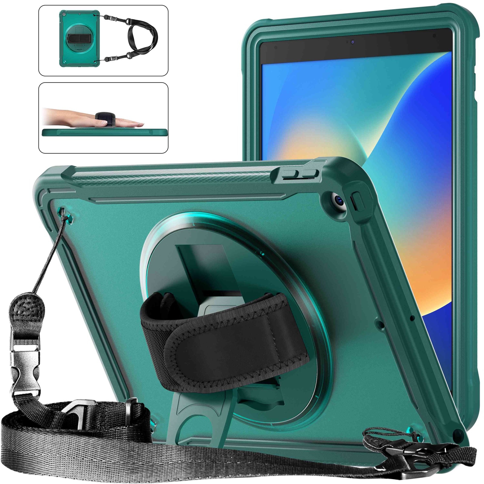 For iPad 10.2 2021 / 2020 / 2019 Heavy Duty Hybrid Tablet Case with Hand Grip & Strap(Dark Green) For iPad 10.2 2021 / 2020 / 2019 Heavy Duty Hybrid Tablet Case with Hand Grip & Strap(Dark Green)