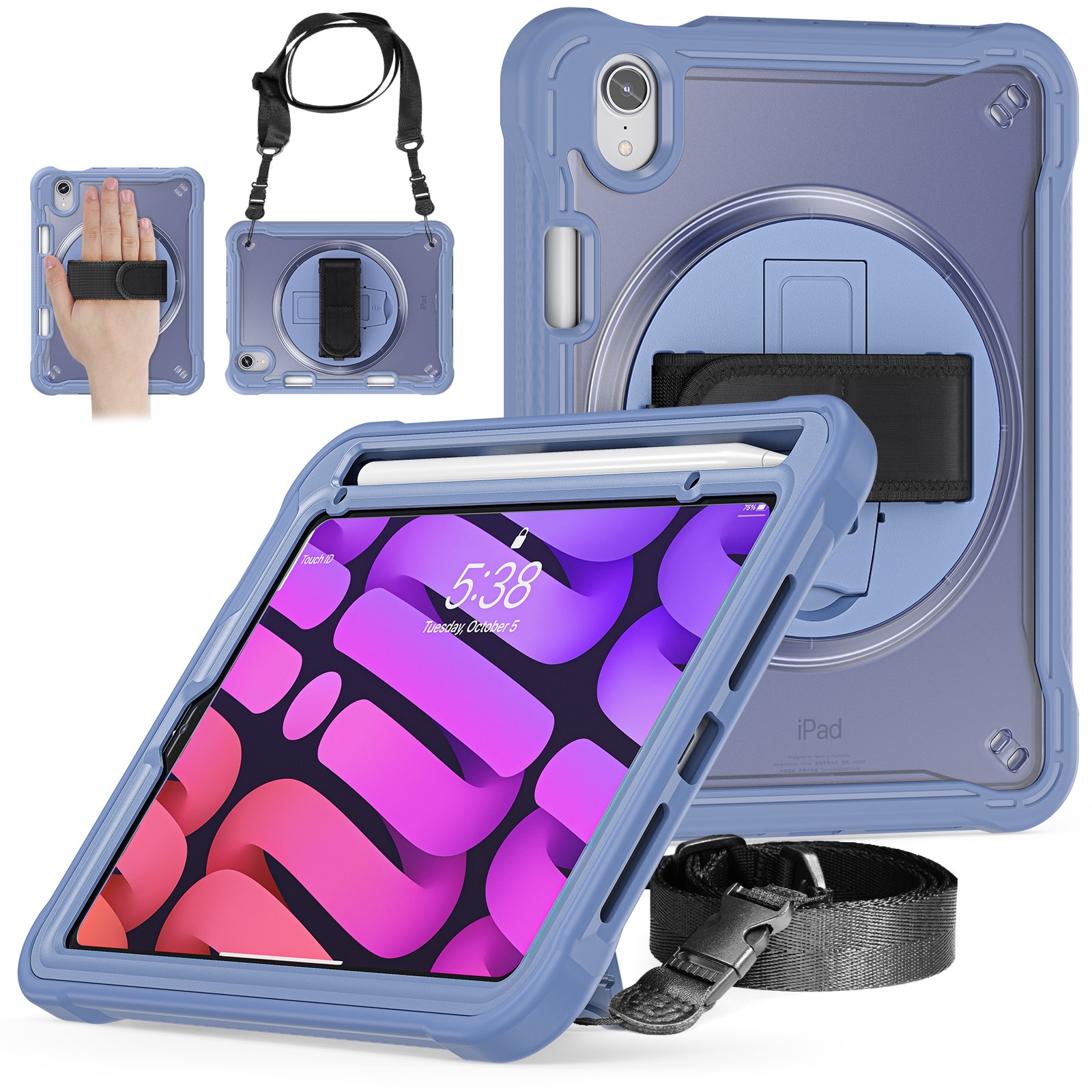 For iPad mini 6 / mini 2024 Heavy Duty Hybrid Tablet Case with Hand Grip & Strap(Lavender Grey)