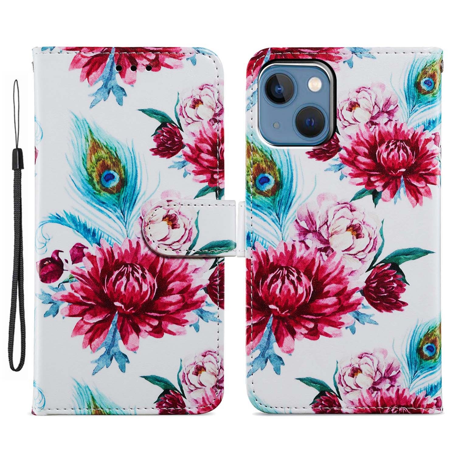 For iPhone 15 Plus Colored Drawing Leather Phone Case(Peacock Flower) For iPhone 15 Plus Colored Drawing Leather Phone Case(Peacock Flower)