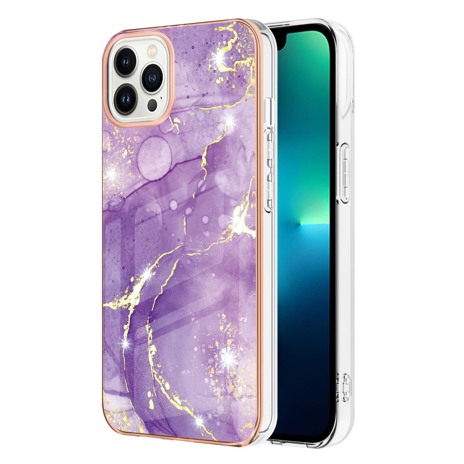 Electroplating Marble Pattern Dual-side IMD TPU Shockproof Phone Case For iPhone 15 Pro(Purple 002)