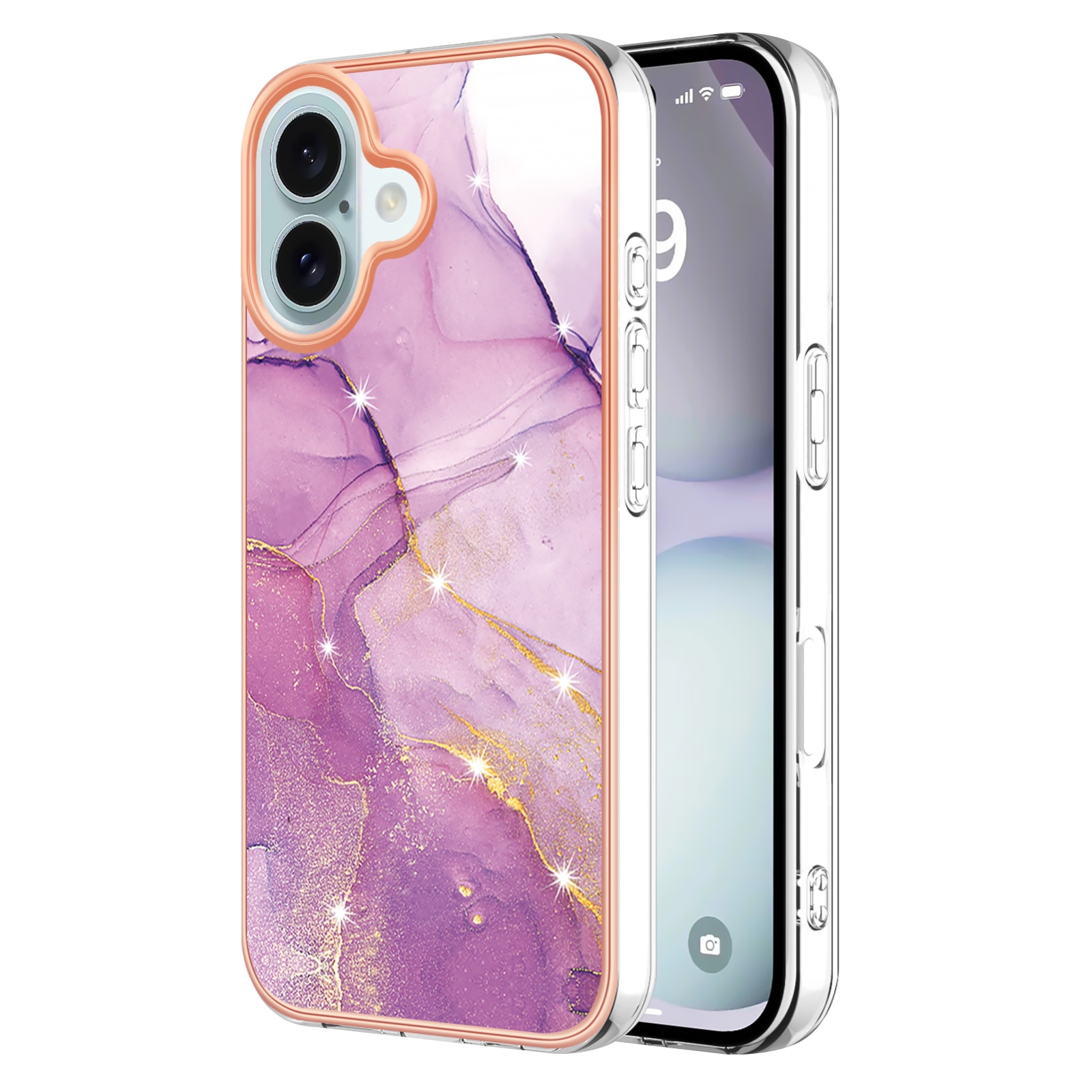 For iPhone 16 Plus Electroplating Marble Pattern Dual-side IMD TPU Shockproof Phone Case (Purple 001) For iPhone 16 Plus Electroplating Marble Pattern Dual-side IMD TPU Shockproof Phone Case (Purple 001)