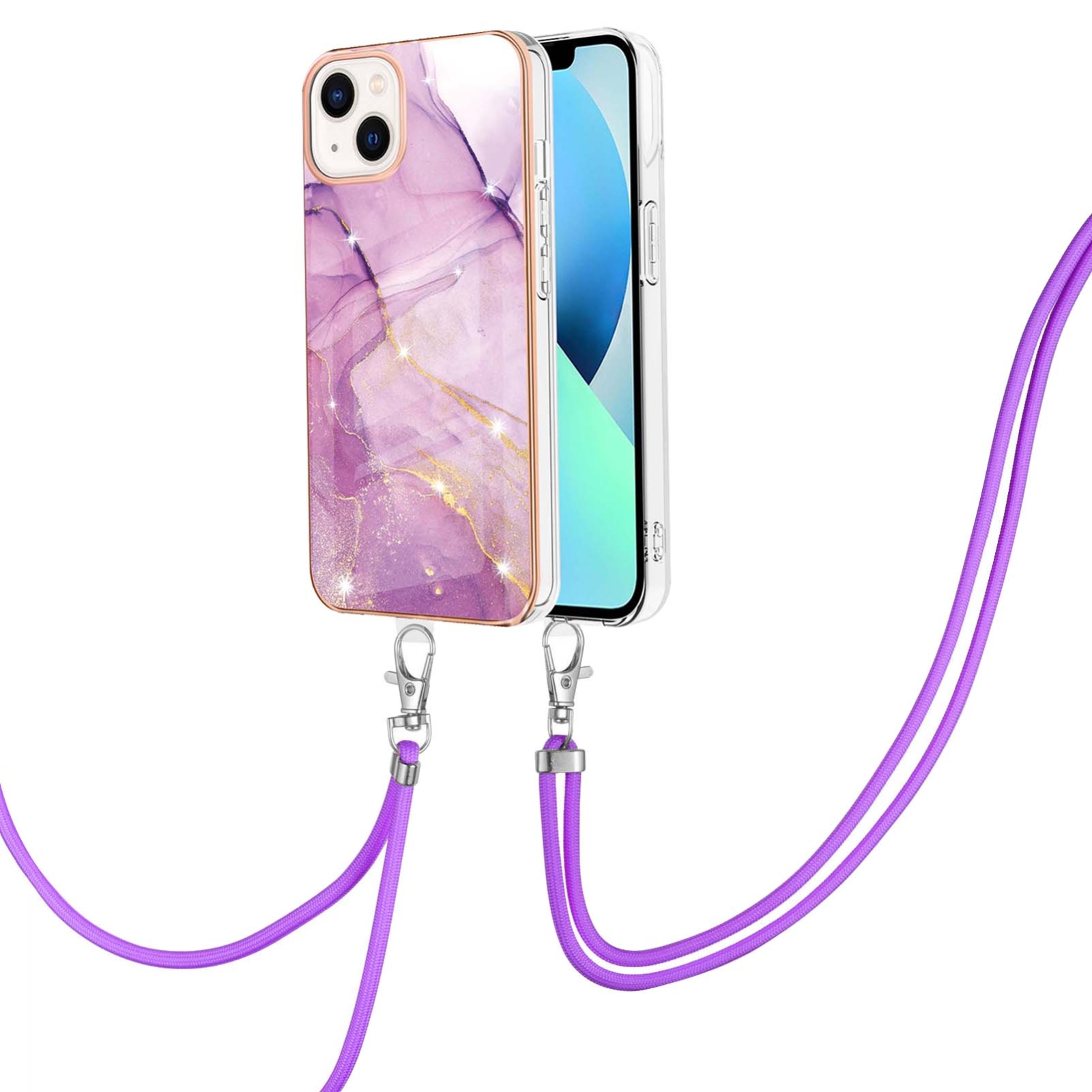 For iPhone 15 Plus Electroplating Marble Pattern IMD TPU Shockproof Case with Neck Lanyard(Purple 001)