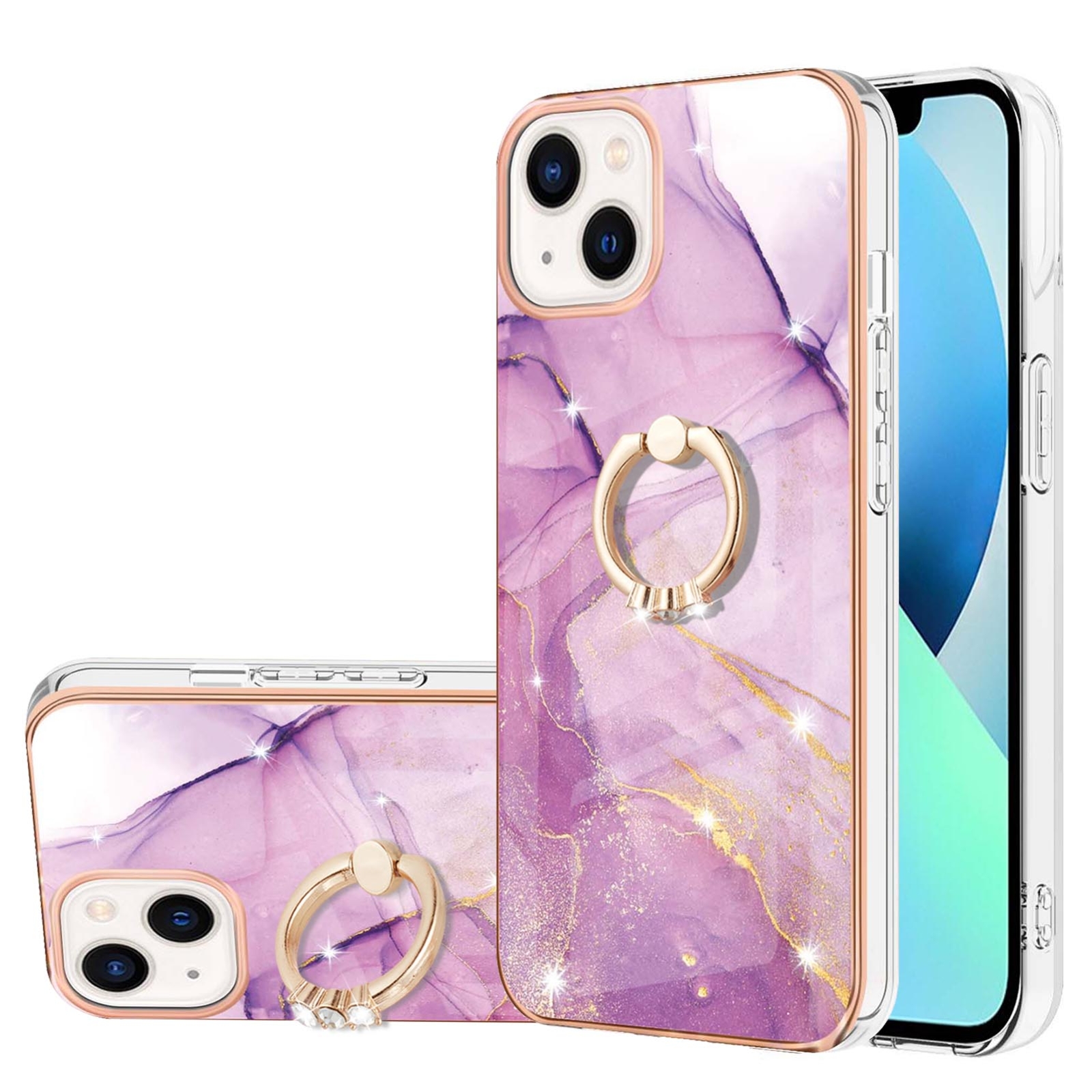 For iPhone 15 Plus Electroplating Marble Pattern IMD TPU Shockproof Case with Ring Holder(Purple 001)