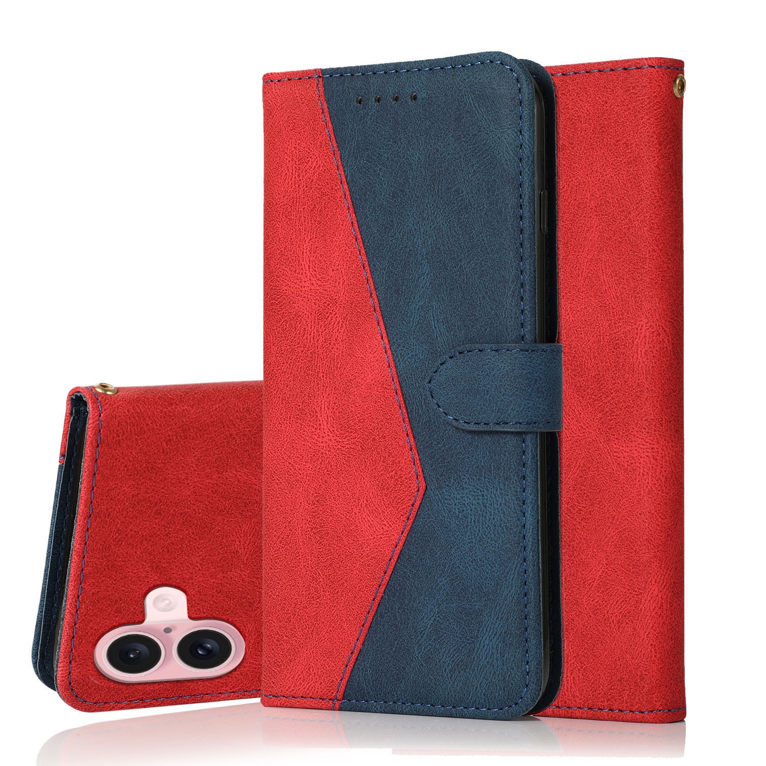 For iPhone 16 Plus Dual-color Stitching Leather Phone Case(Red Blue) For iPhone 16 Plus Dual-color Stitching Leather Phone Case(Red Blue)