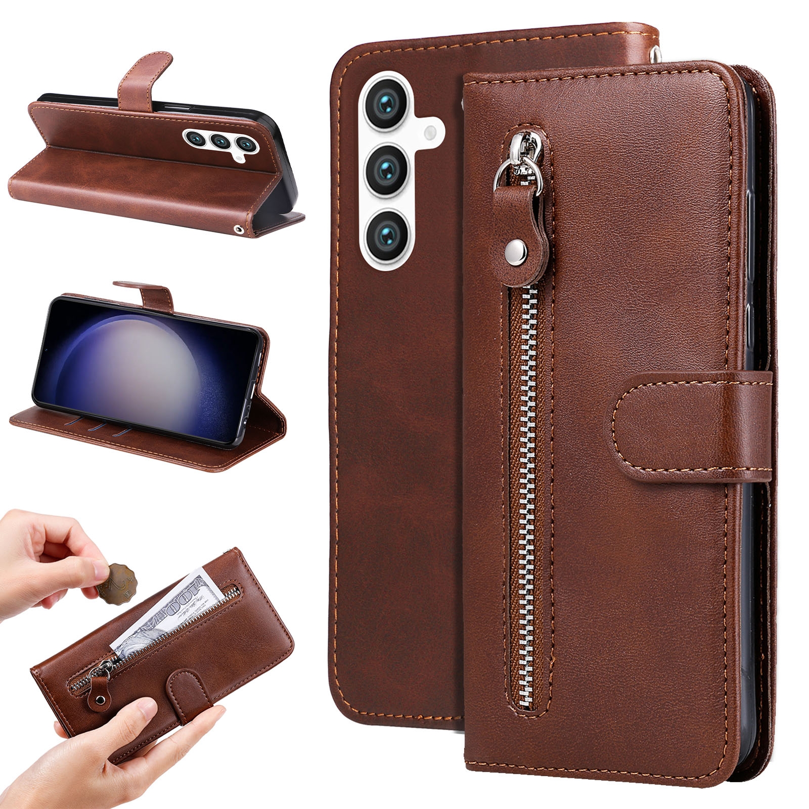 For Samsung Galaxy S23 FE 5G Fashion Calf Texture Zipper Leather Phone Case(Brown)