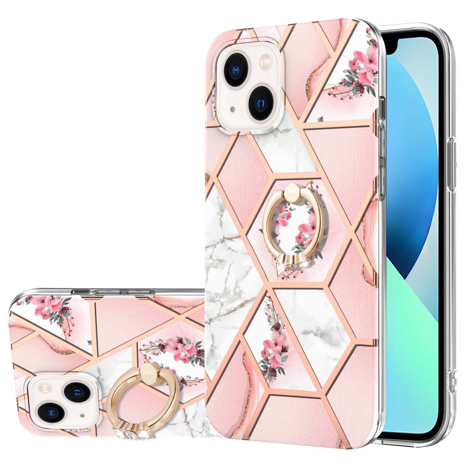 For iPhone 15 Plus Electroplating Splicing Marble Flower Pattern TPU Shockproof Case with Rhinestone Ring Holder(Pink Flower) For iPhone 15 Plus Electroplating Splicing Marble Flower Pattern TPU Shockproof Case with Rhinestone Ring Holder(Pink Flower)