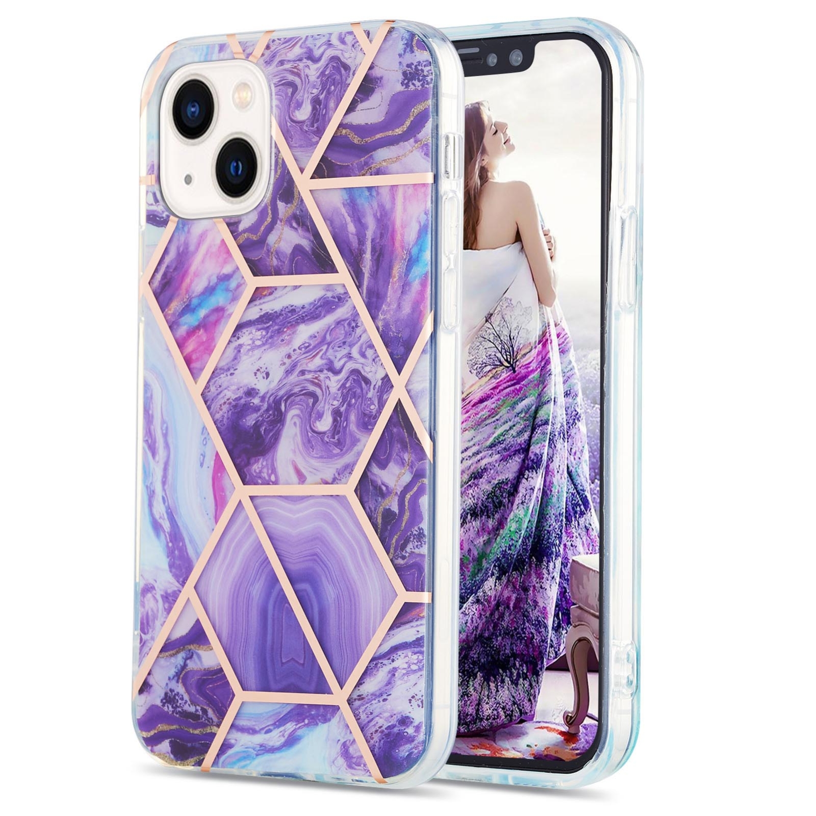 For iPhone 15 Plus Electroplating Splicing Marble Flower Pattern Dual-side IMD TPU Shockproof Phone Case(Dark Purple)