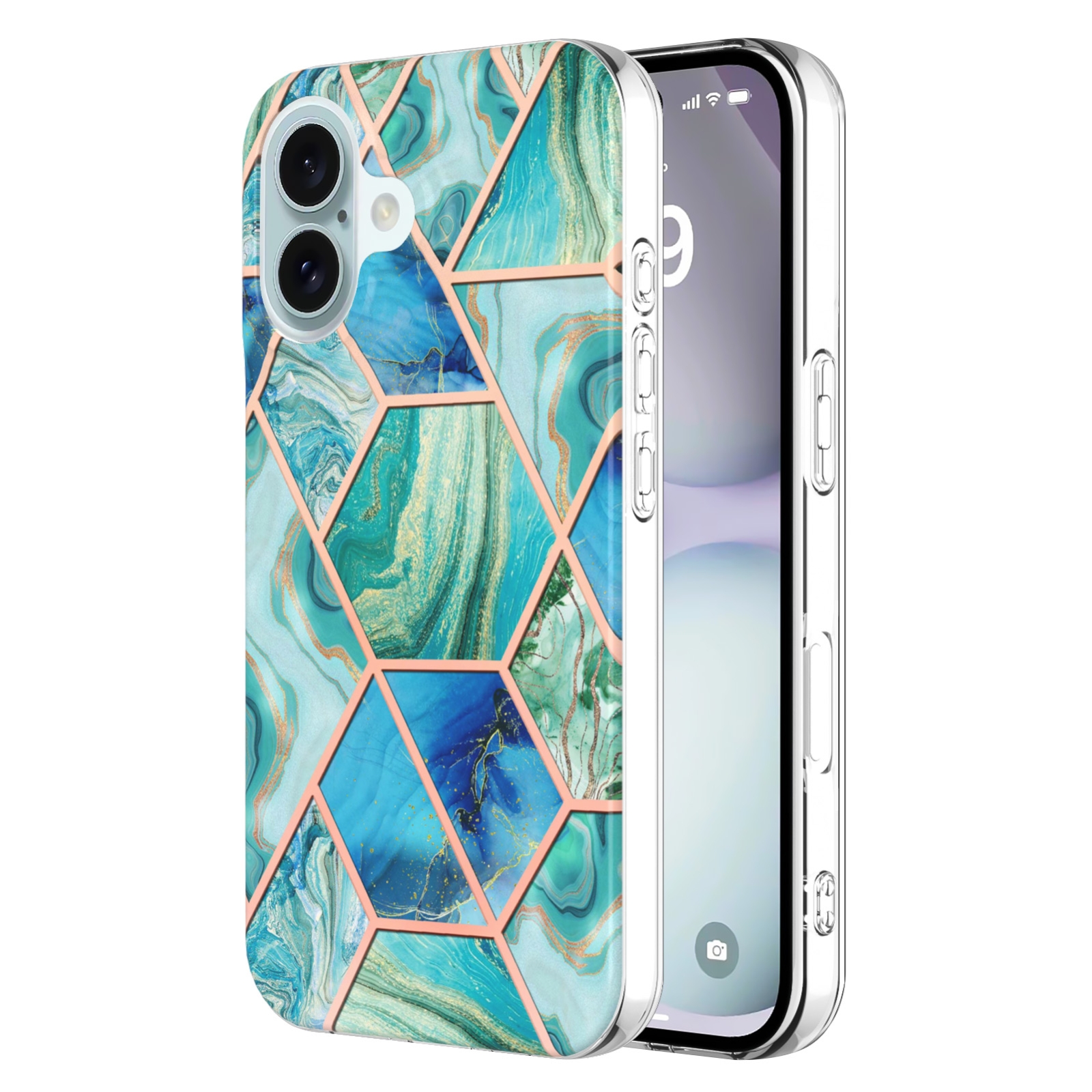 For iPhone 16 Plus Electroplating Splicing Marble Flower Pattern Dual-side IMD TPU Shockproof Phone Case(Green) For iPhone 16 Plus Electroplating Splicing Marble Flower Pattern Dual-side IMD TPU Shockproof Phone Case(Green)