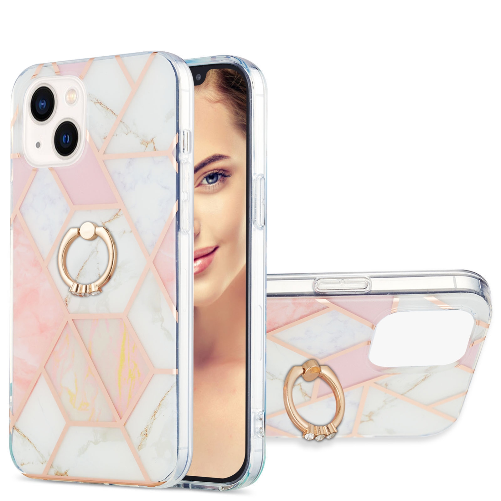 For iPhone 15 Plus Electroplating Splicing Marble Pattern IMD TPU Shockproof Case with Ring Holder(Pink White) For iPhone 15 Plus Electroplating Splicing Marble Pattern IMD TPU Shockproof Case with Ring Holder(Pink White)