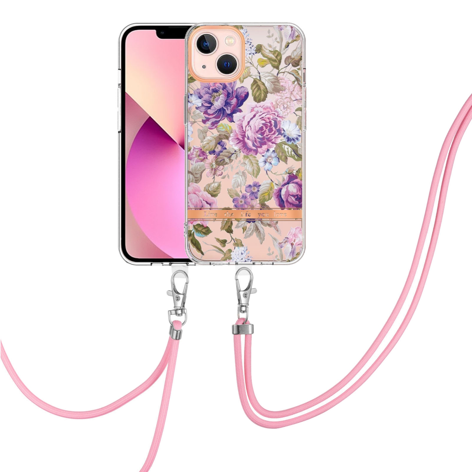 For iPhone 15 Plus Flowers and Plants Series IMD TPU Phone Case with Lanyard(Purple Peony)