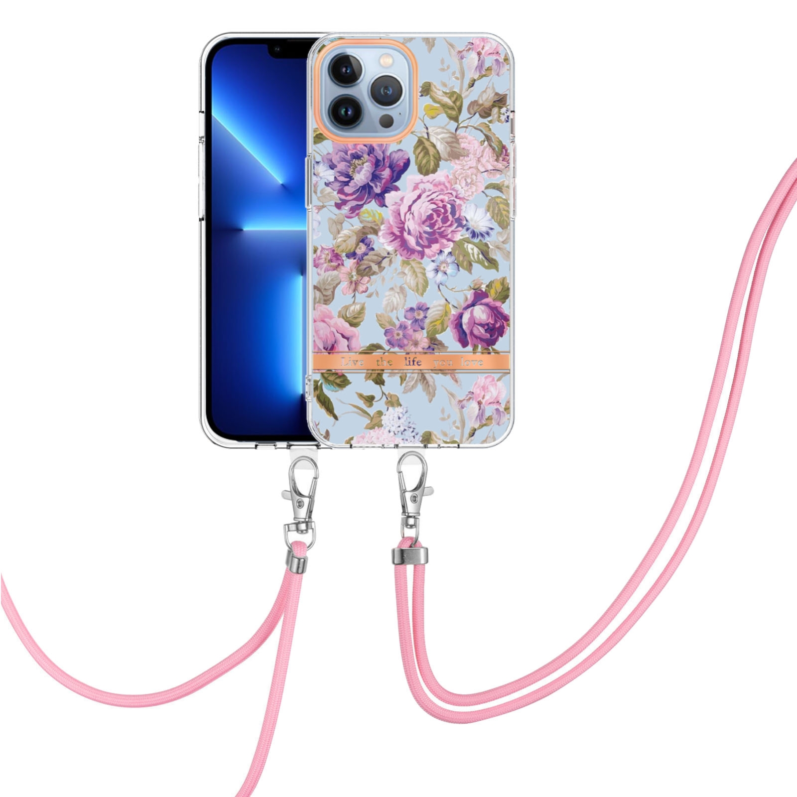 For iPhone 15 Pro Flowers and Plants Series IMD TPU Phone Case with Lanyard(Purple Peony) For iPhone 15 Pro Flowers and Plants Series IMD TPU Phone Case with Lanyard(Purple Peony)