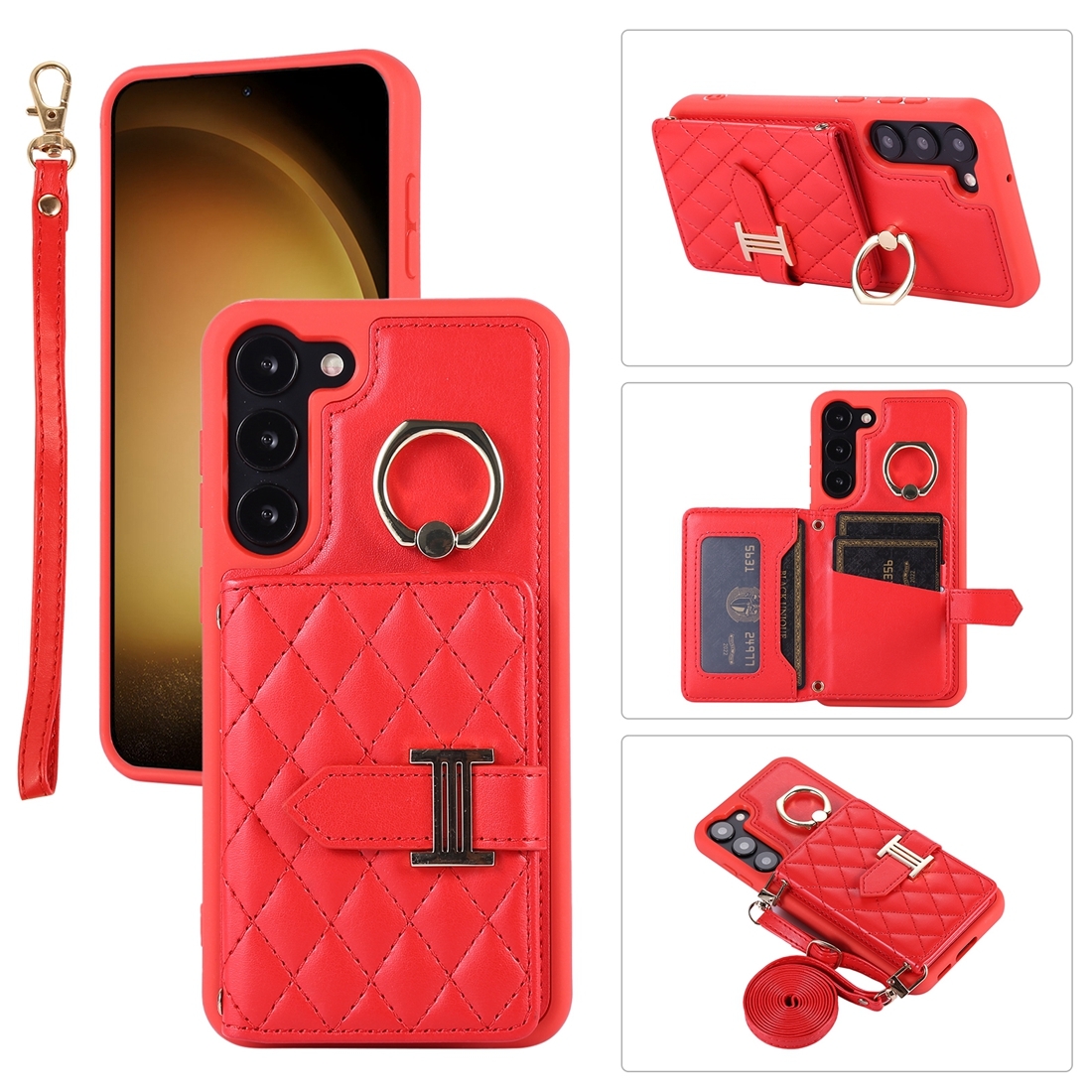 For Samsung Galaxy S22 5G Horizontal Card Bag Ring Holder Phone Case with Dual Lanyard(Red) For Samsung Galaxy S22 5G Horizontal Card Bag Ring Holder Phone Case with Dual Lanyard(Red)