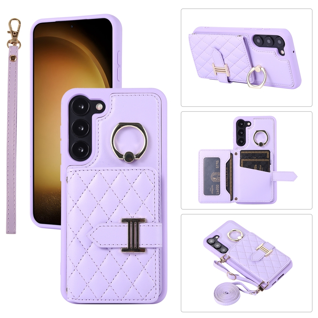 For Samsung Galaxy S23+ 5G Horizontal Card Bag Ring Holder Phone Case with Dual Lanyard(Purple) For Samsung Galaxy S23+ 5G Horizontal Card Bag Ring Holder Phone Case with Dual Lanyard(Purple)