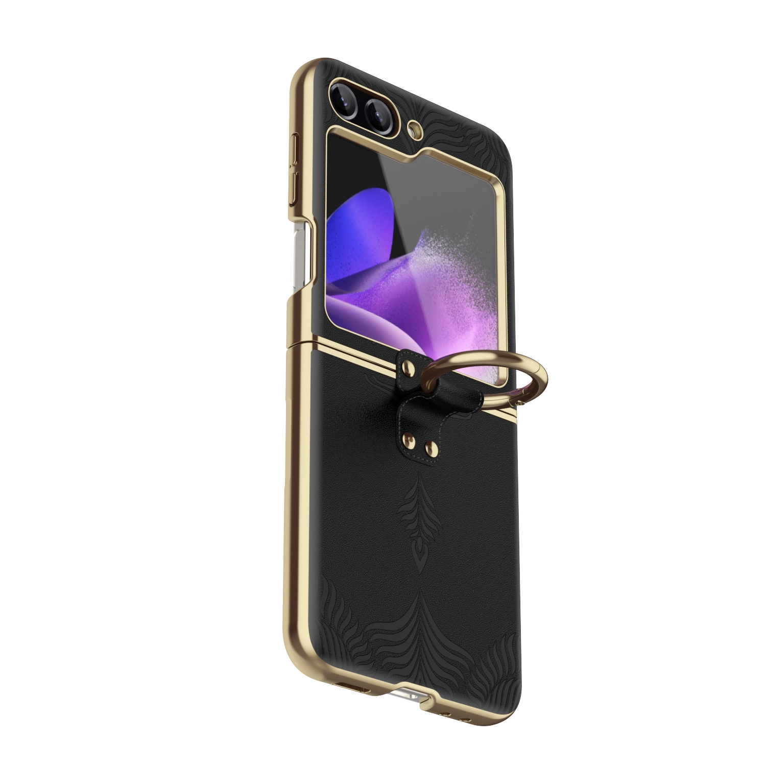 For Samsung Galaxy Z Flip6 Electroplated Embossed Leather Phone Case with Ring(Black)