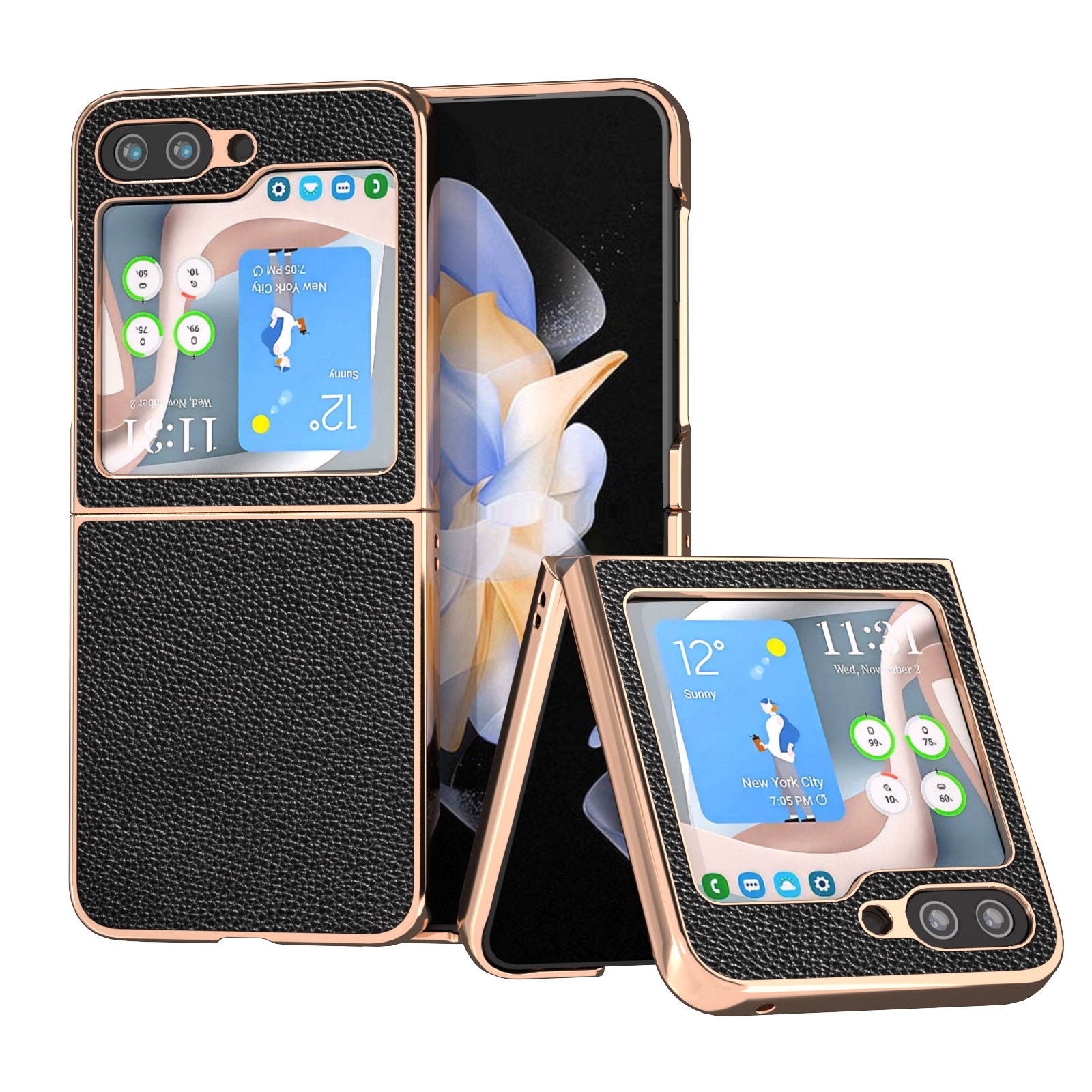 For Samsung Galaxy Z Flip5 Genuine Leather Mino Series Nano Plating Phone Case(Black) For Samsung Galaxy Z Flip5 Genuine Leather Mino Series Nano Plating Phone Case(Black)