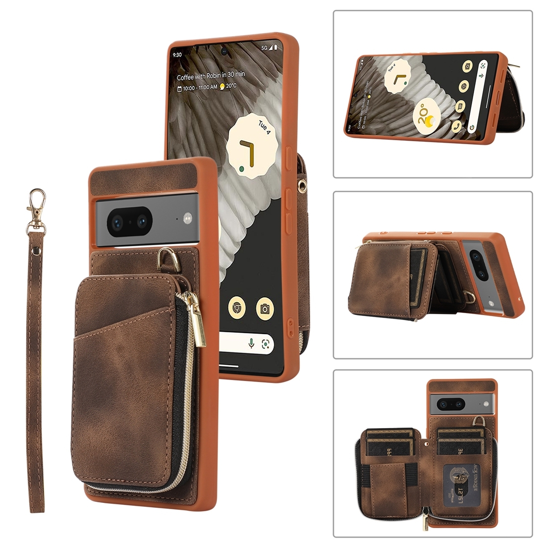 For Google Pixel 7 Zipper Card Bag Back Cover Phone Case(Brown)