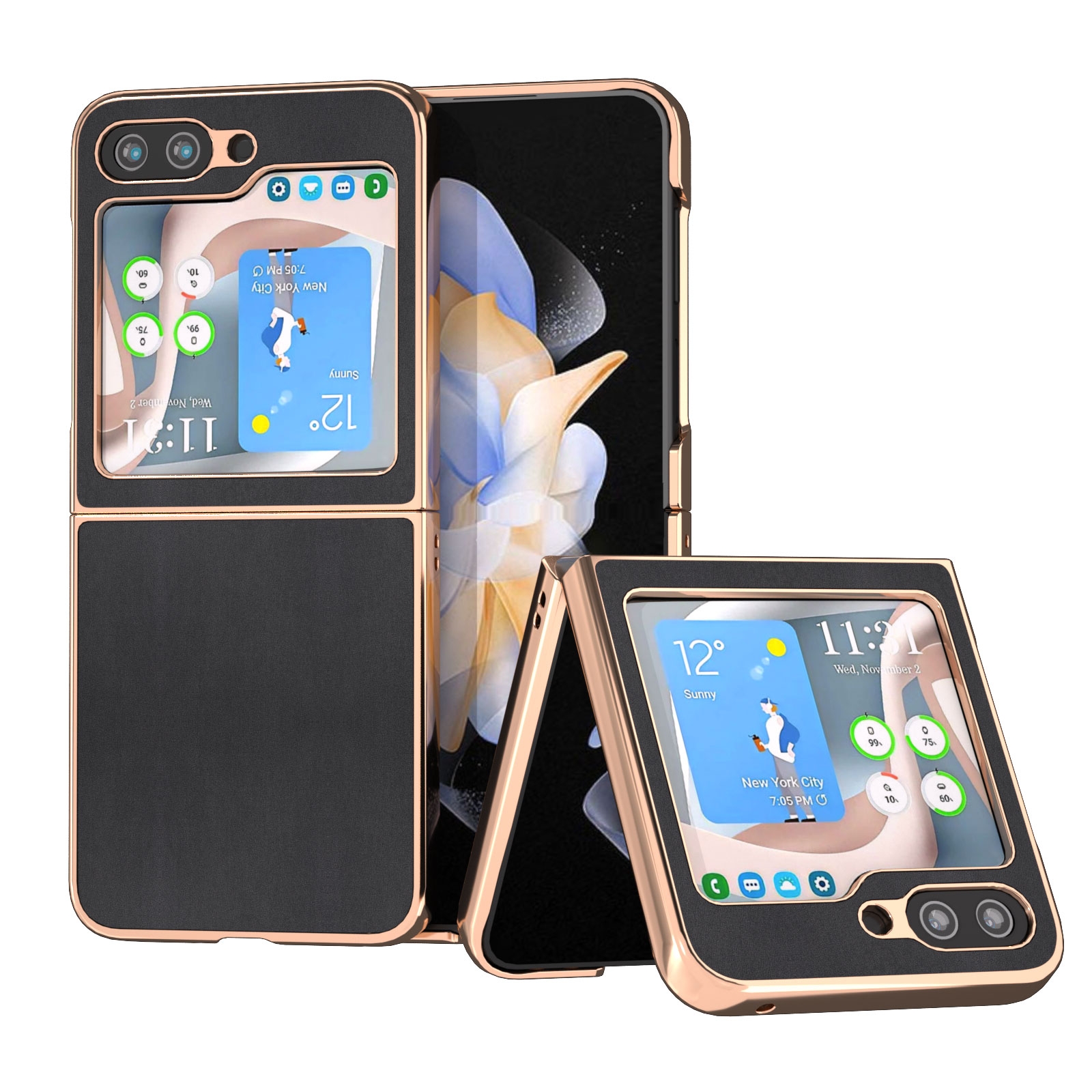 For Samsung Galaxy Z Flip5 Genuine Leather Xiaoya Series Nano Plating Phone Case(Black) For Samsung Galaxy Z Flip5 Genuine Leather Xiaoya Series Nano Plating Phone Case(Black)