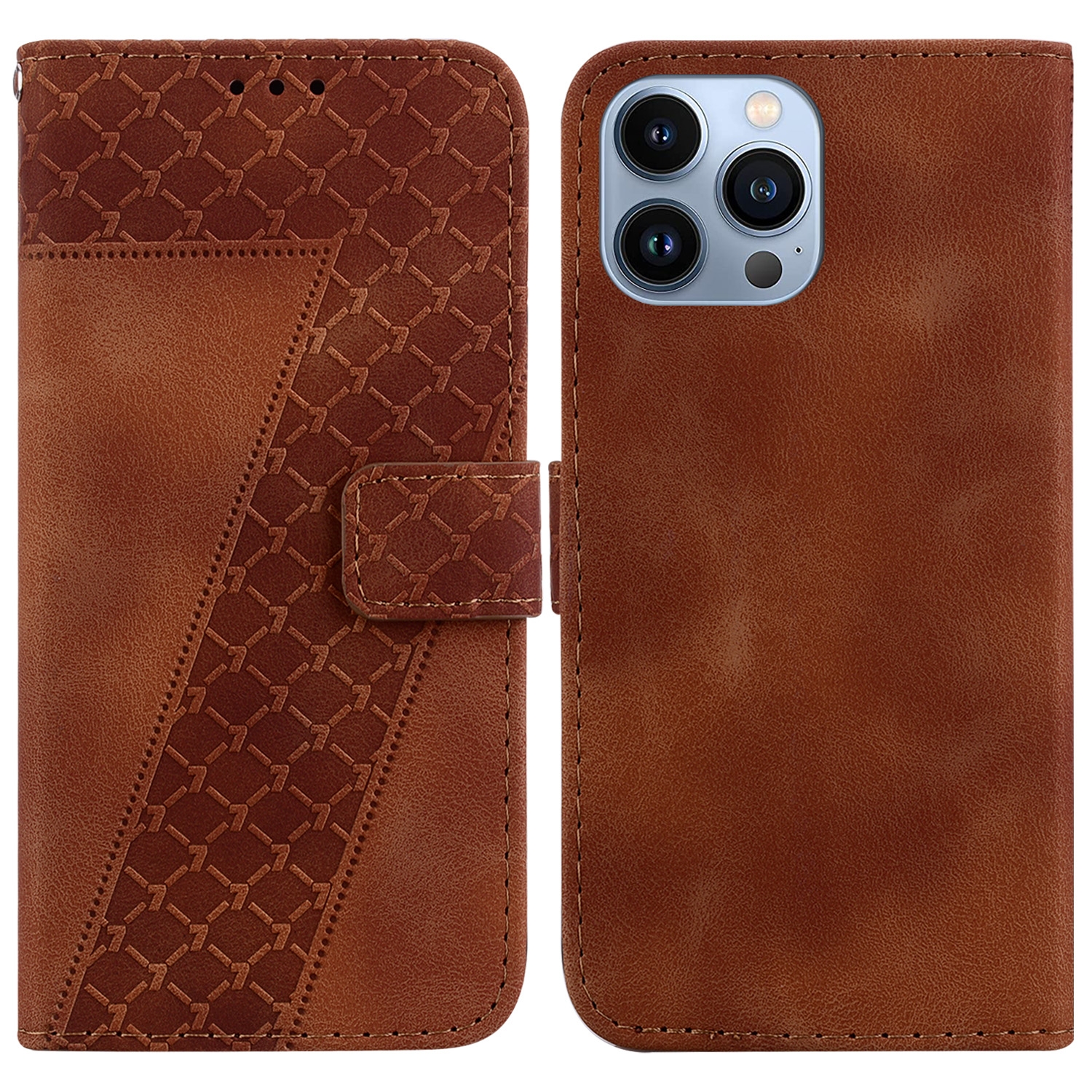 For iPhone 14 Pro Seven-shaped Embossed Leather Phone Case(Brown) For iPhone 14 Pro Seven-shaped Embossed Leather Phone Case(Brown)