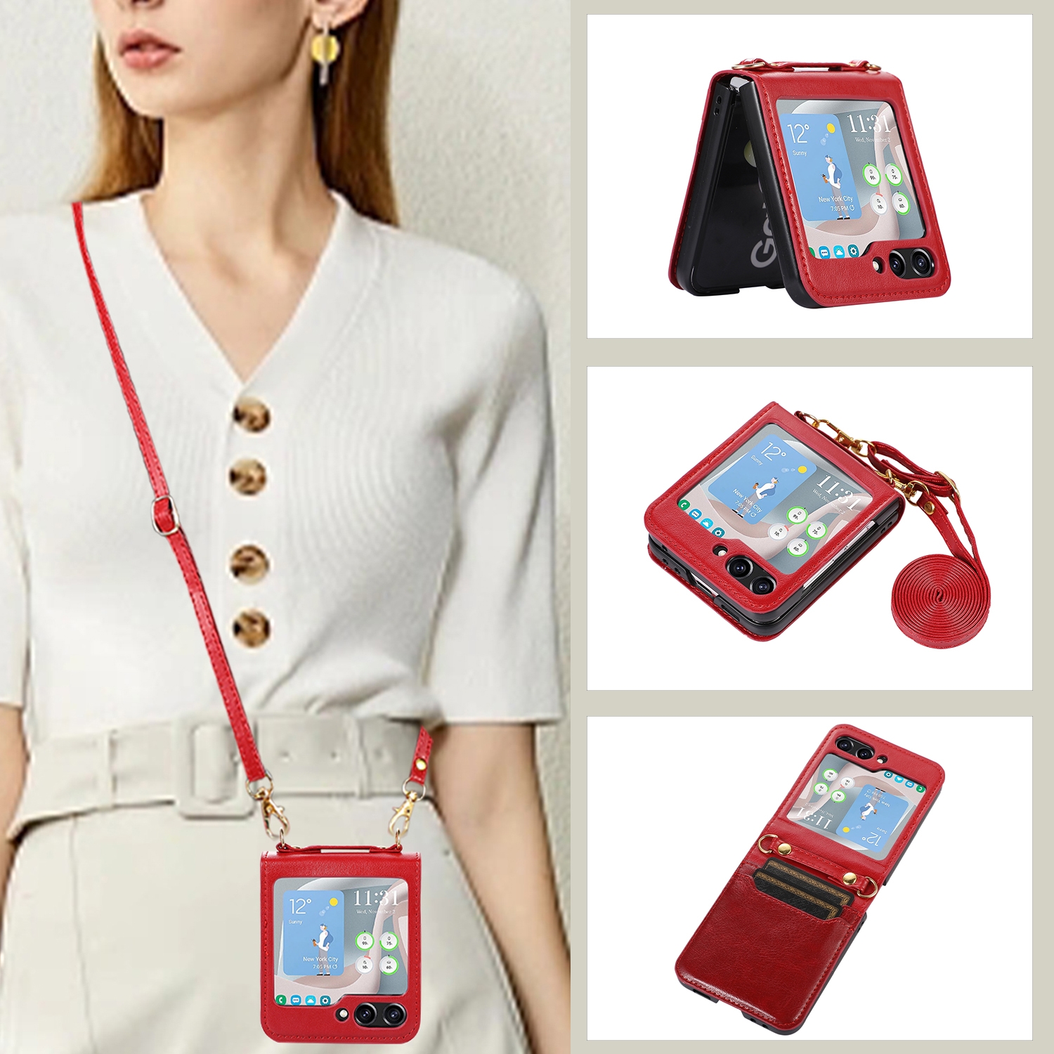 For Samsung Galaxy Z Flip5 Card Slot Crossbody Folding Leather Phone Case(Red) For Samsung Galaxy Z Flip5 Card Slot Crossbody Folding Leather Phone Case(Red)
