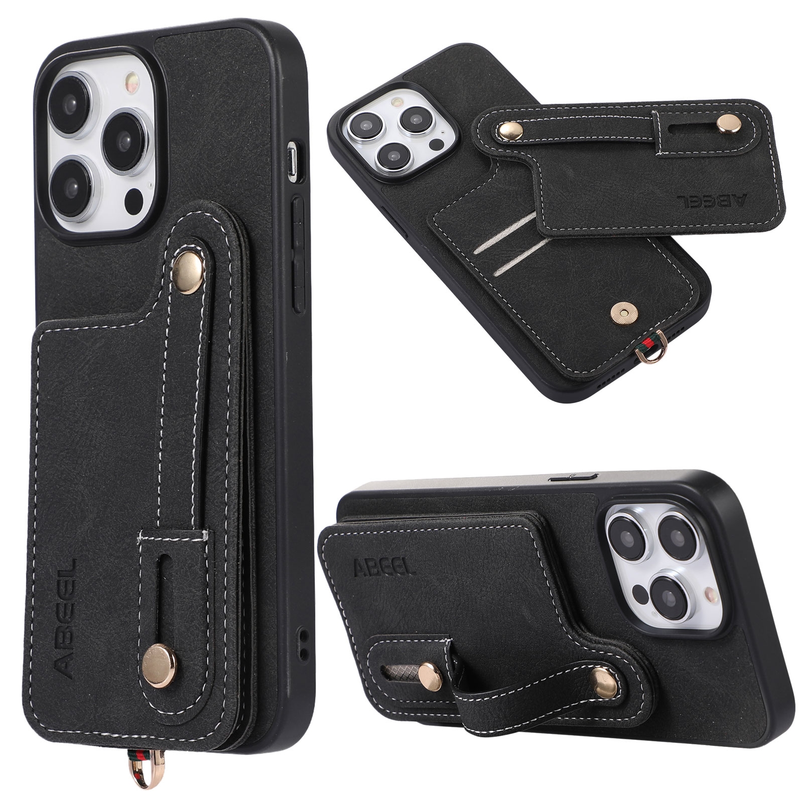 For iPhone 15 Pro ABEEL Litchi Texture Card Bag PU Phone Case(Black) For iPhone 15 Pro ABEEL Litchi Texture Card Bag PU Phone Case(Black)