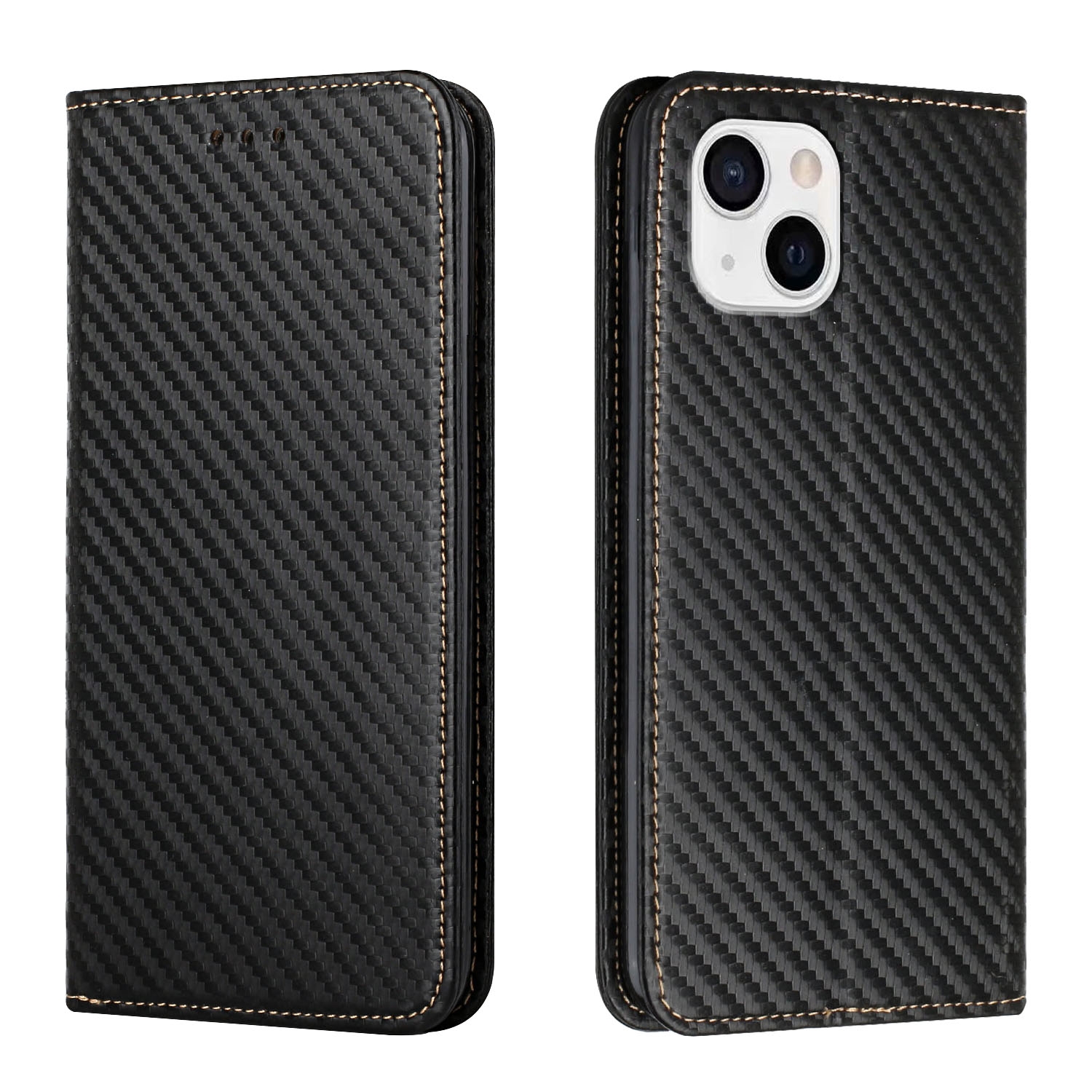For iPhone 15 Carbon Fiber Texture Flip Holder Leather Phone Case(Black) For iPhone 15 Carbon Fiber Texture Flip Holder Leather Phone Case(Black)