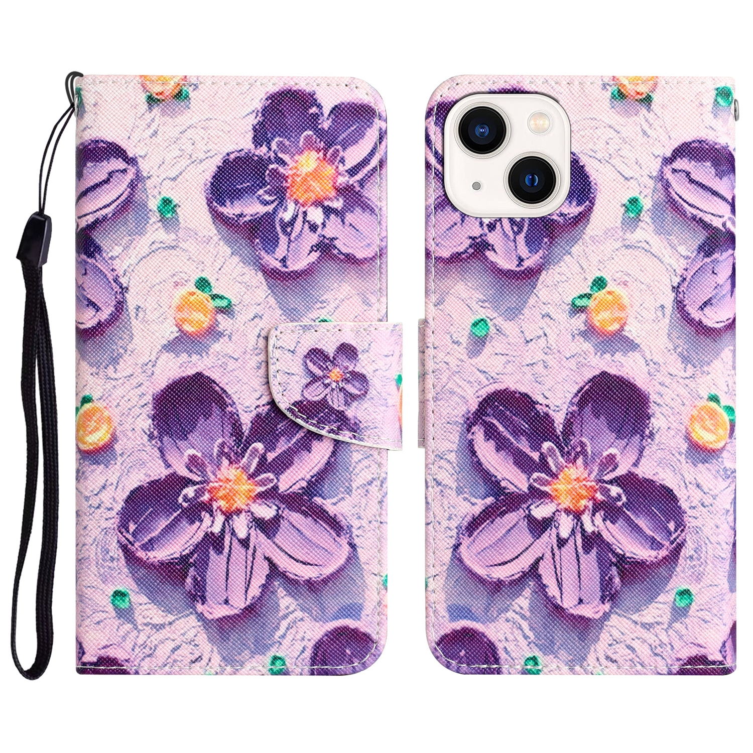 For iPhone 15 Plus Colored Drawing Leather Phone Case(Purple Flower) For iPhone 15 Plus Colored Drawing Leather Phone Case(Purple Flower)