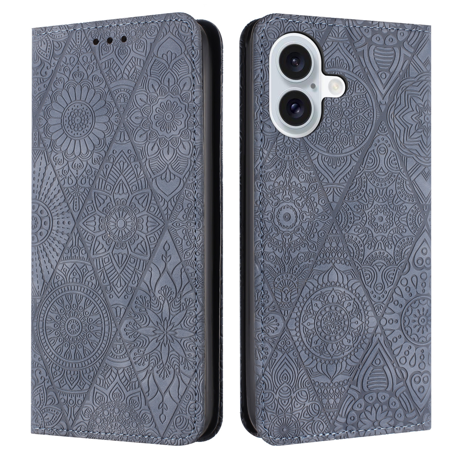 For iPhone 16 Plus Ethnic Embossed Adsorption Leather Phone Case(Grey) For iPhone 16 Plus Ethnic Embossed Adsorption Leather Phone Case(Grey)